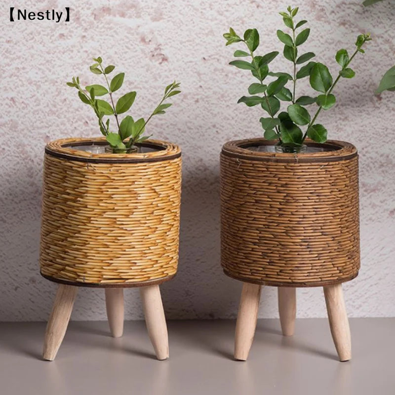 pot plante tressé rotin marron moderne rustique pieds bois artificielle
