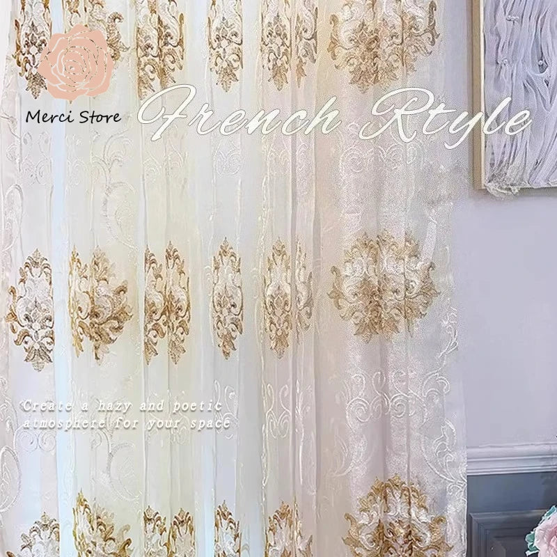 rideau brodé polyester transparent blanc doré classique élégant broderie florale bordure chambre salon
