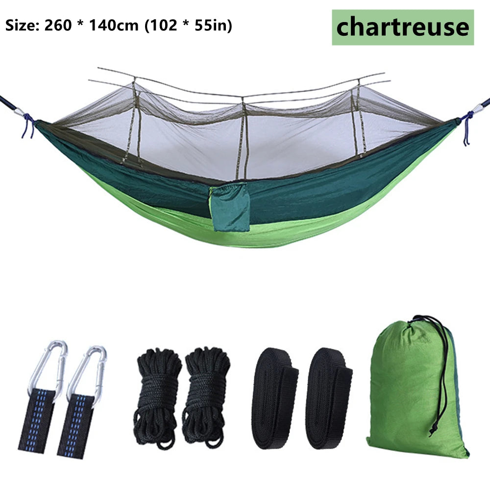 hamac double moustiquaire vert olive blanc tissu confortable transparent pratique léger