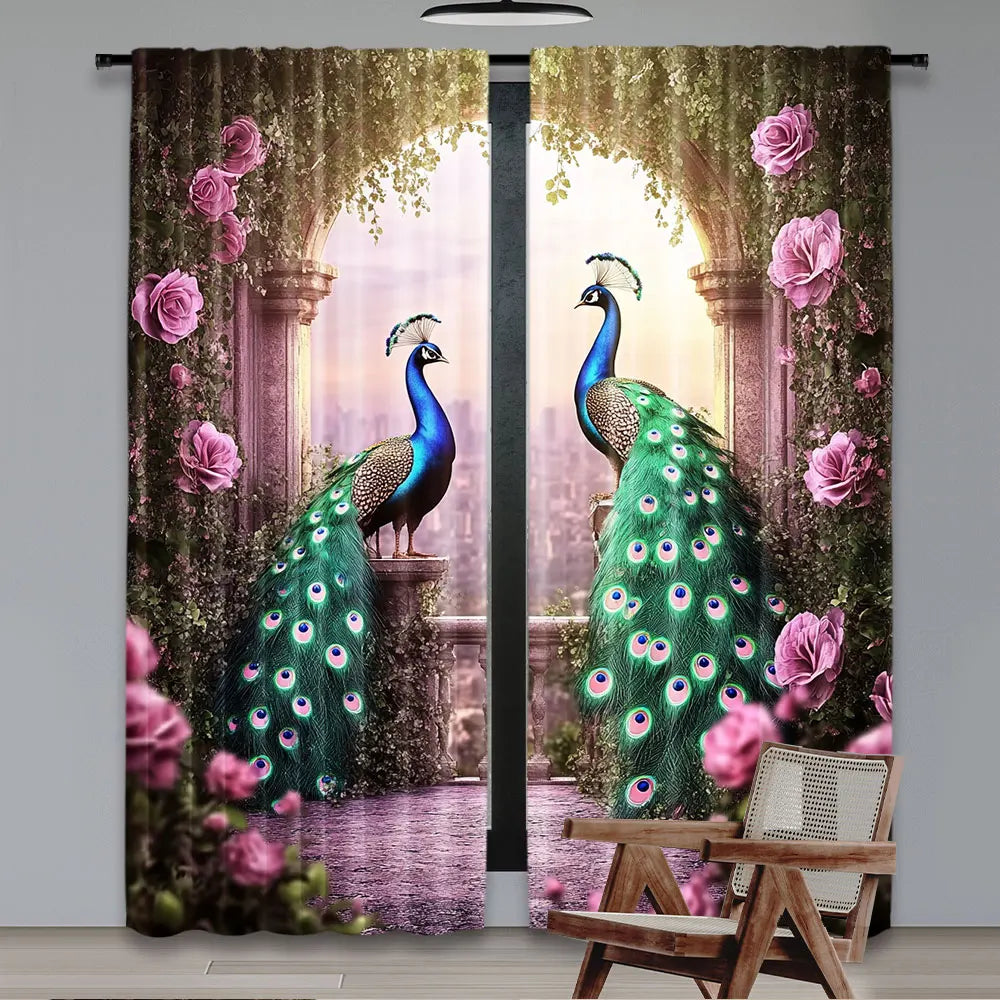 rideau classique paon roses feuilles vert bleu rose beige opacité chambre salon