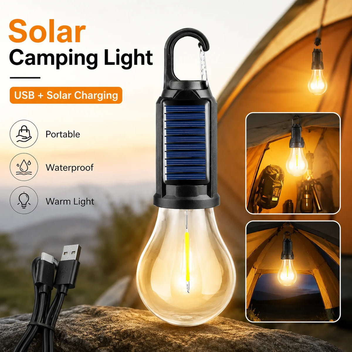 lampe solaire rechargeable usb transparent vintage camping barbecueextérieur portable étanche filtre auto