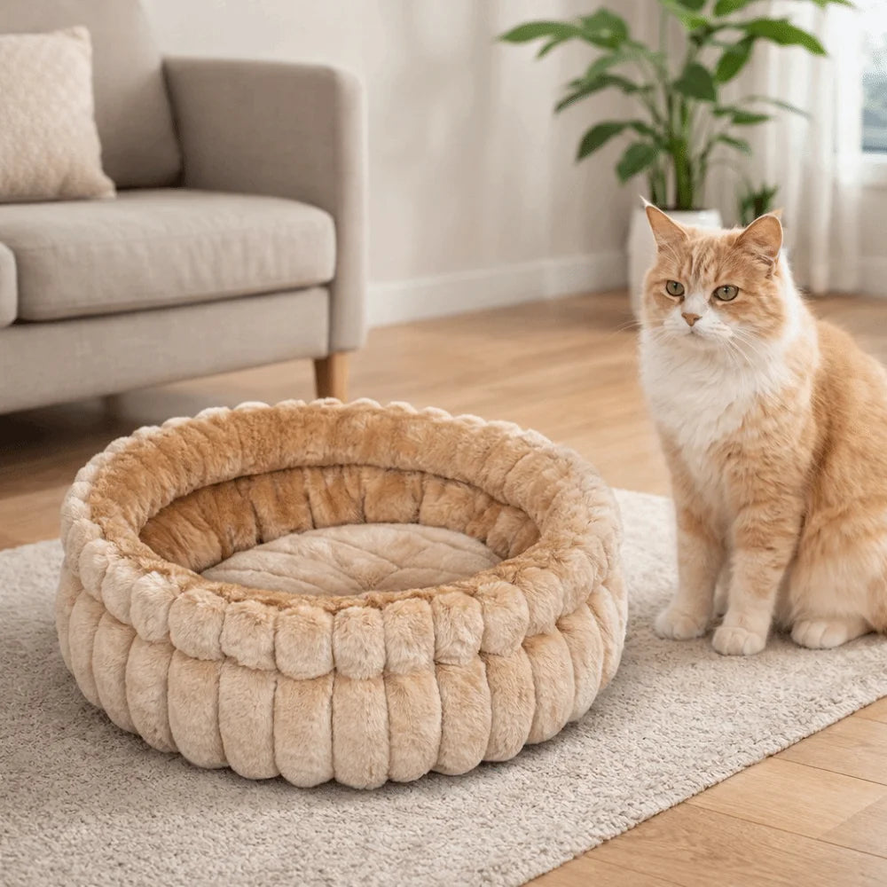 lit chat velours doux beige gris moderne confortable coussin amovible