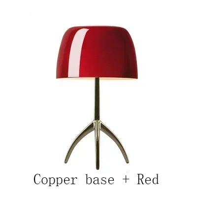 lampe table moderne blanc orange rouge pied métal base cuivrée led chambre salon