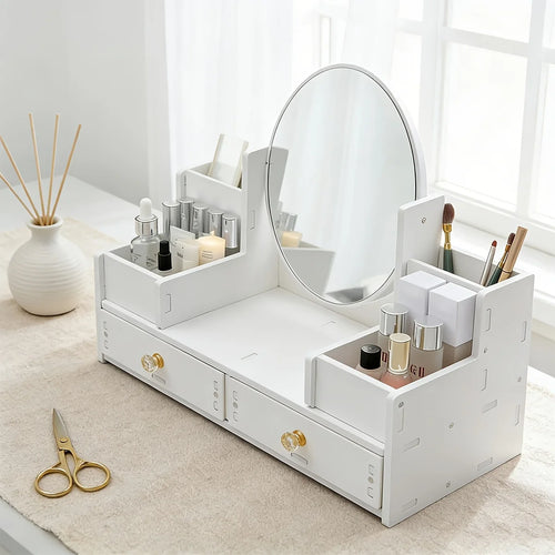 boîte maquillage blanc minimaliste miroir compartiments poignées dorées cosmétiques rangement
