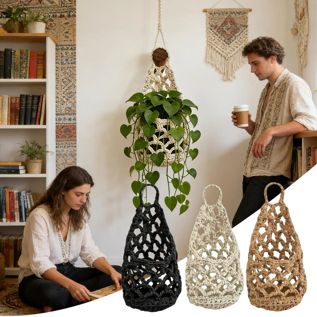 sac suspendu boho maille fine crocheté succulentes décoration intérieure anneaux familiales maison