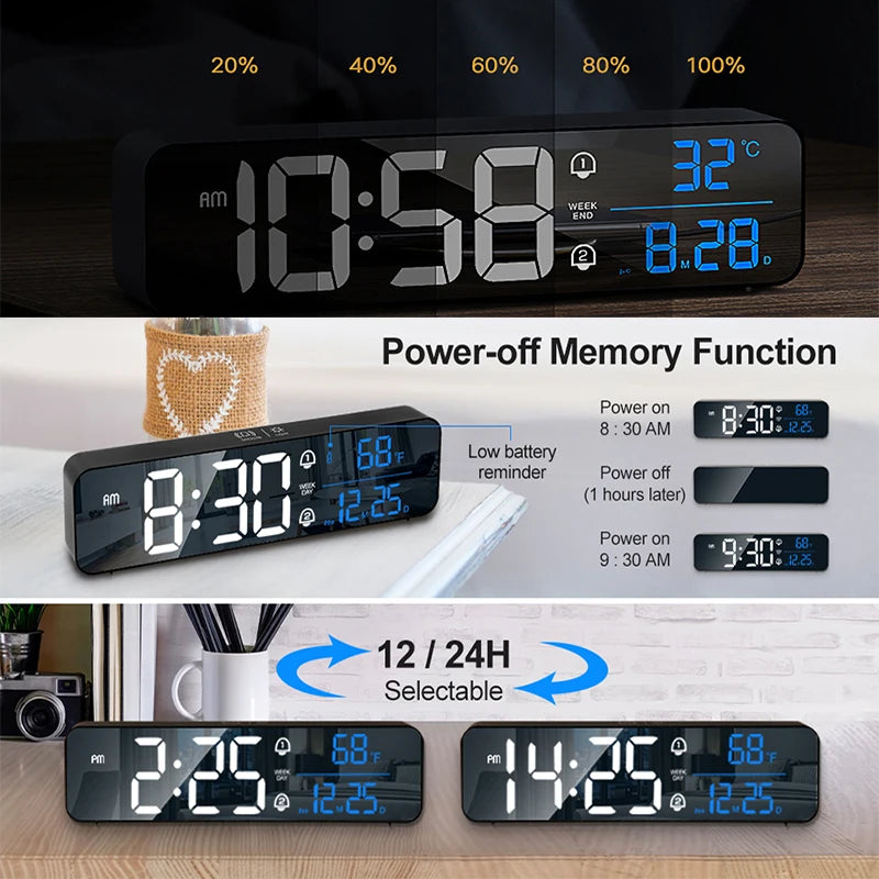 horloge numérique moderne blanc noir écran led affichage température double alarme snooze
