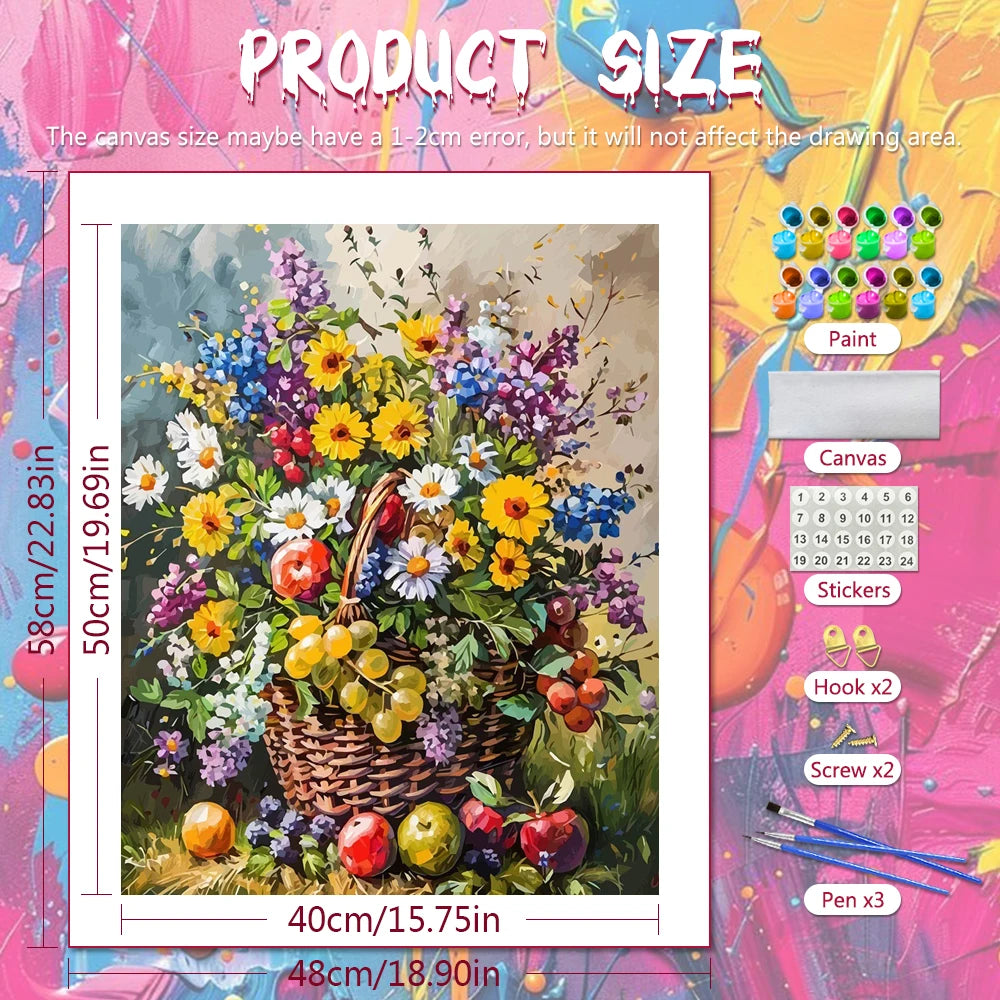 tableau peindre fleurs fruits panier toile multicolore starter kit pinceaux peintures crochets vis débutants