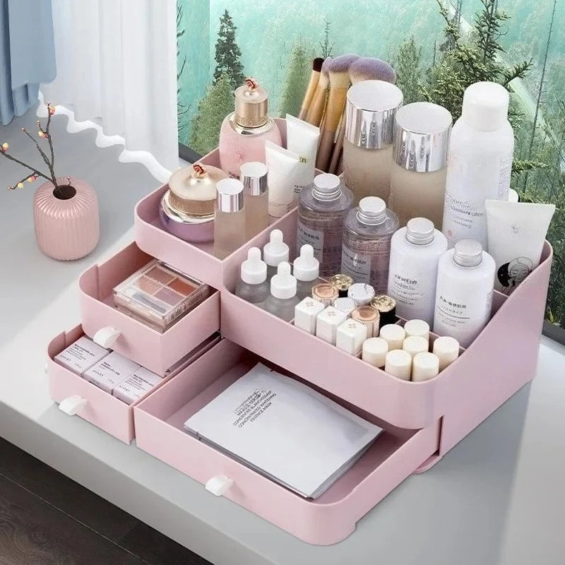 organisateur boîtes rangement tiroirs cosmétiques moderne rose clair plat réutilisable fonctionnel étudiant chambre