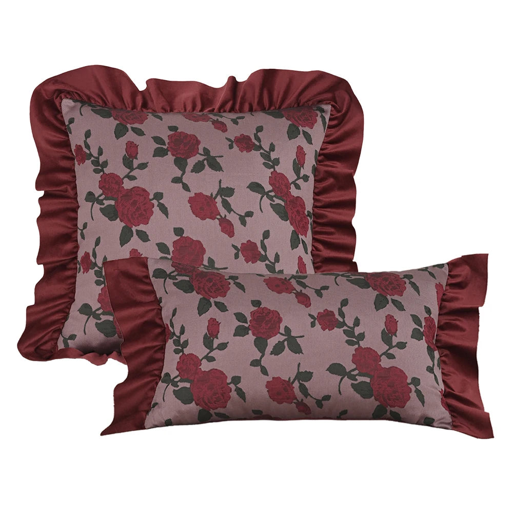 taies d'oreiller jacquard fleur roses rouges feuilles vertes vintage opacité fixation oreillettes maison lit