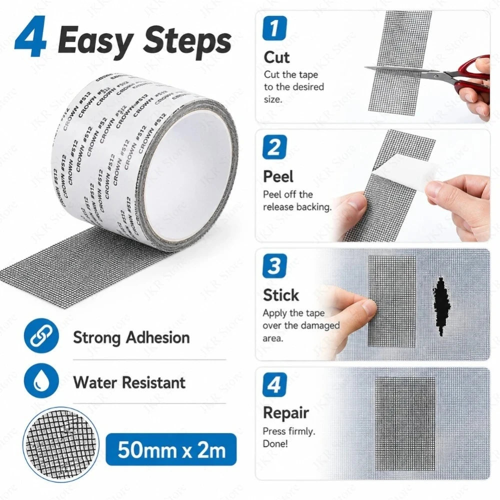 ruban réparation moustiquaire adhésif polyester étanche fenêtre porte pratique instruction 50mm 2m gris