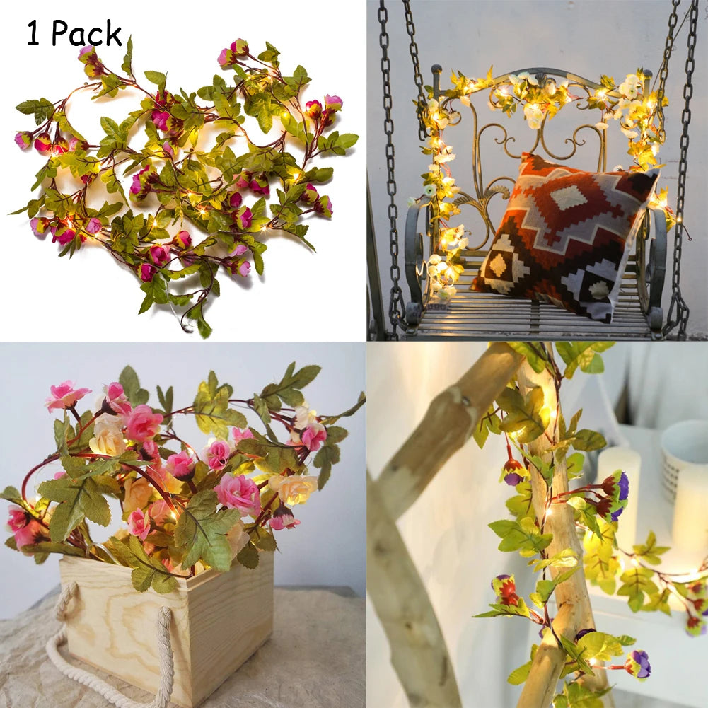 guirlande lumineuse fleurs artificielles rose rouge vert feuilles texturées décoration romantique autoinstallation batterie led