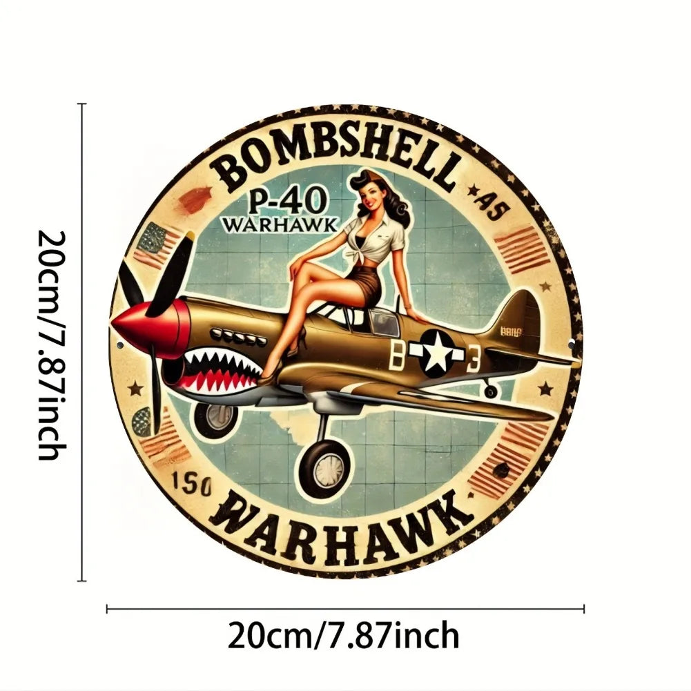plaque métallique décoration murale rétro avion combat 40 warhawk pin up militaire geometrique flags