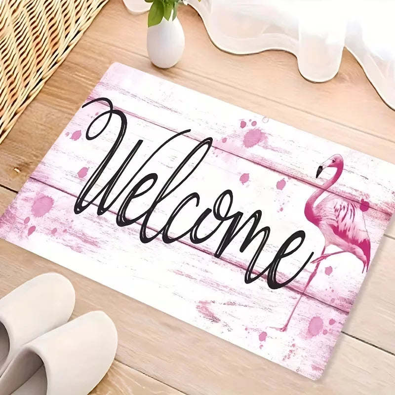 tapis d'entrée moderne flamants roses anti dérapant résistant décoloration 30x50cm 40x60cm bienvenue polyester
