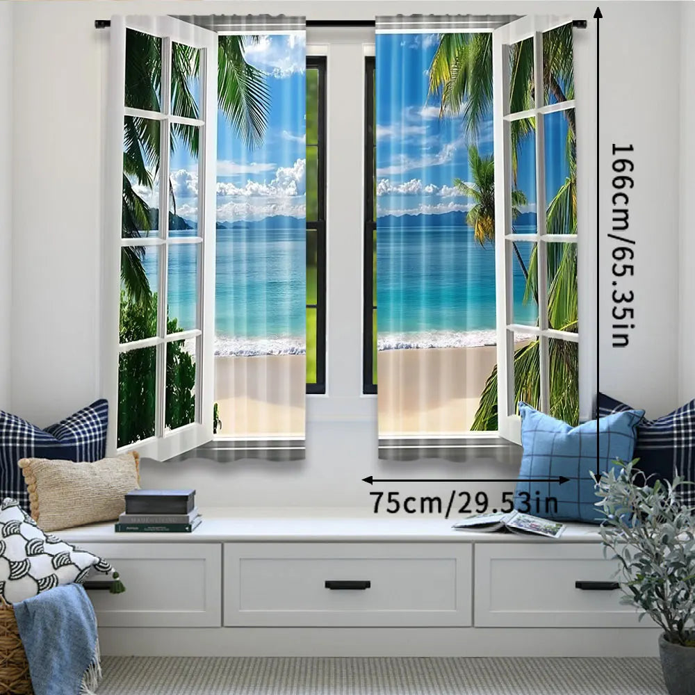 rideau moderne paysagiste marine palmiers ciel bleu plage blanche bleu vert blanc beige translucide