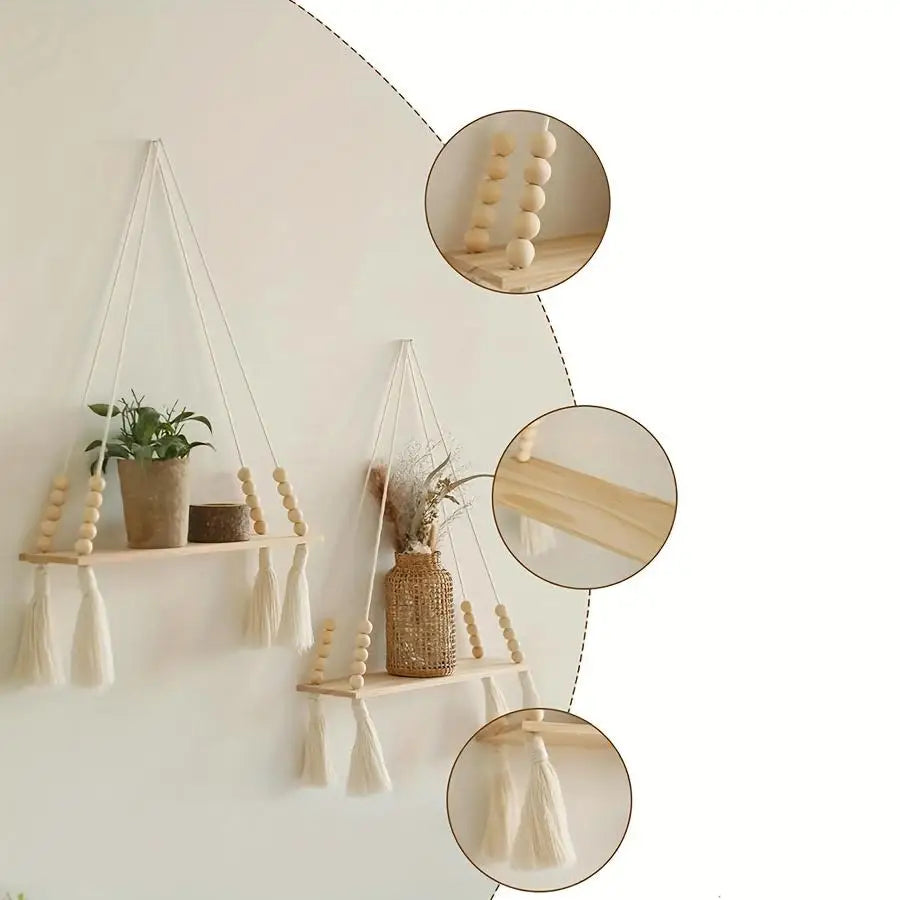 étagère suspendue bois naturel bois franges blanches boho chic fixée mur plantes décointérieurextérieur