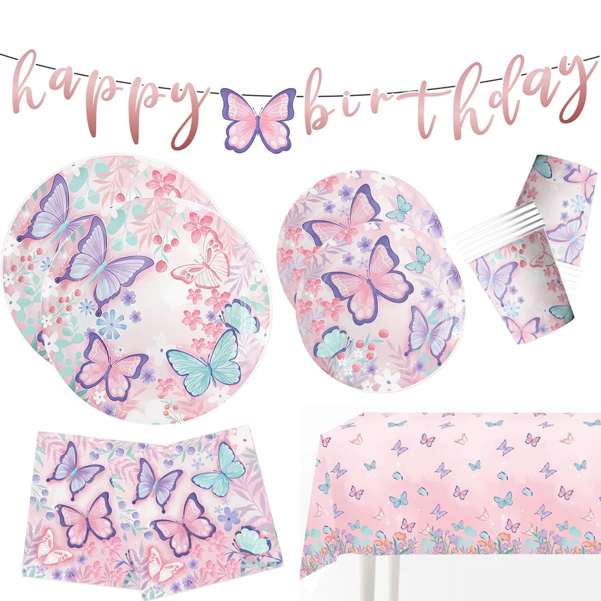 assiettes jetables papillons roses serviettes guirlande happy birthday ballons cupcakes nappe festive anniversaire decoration