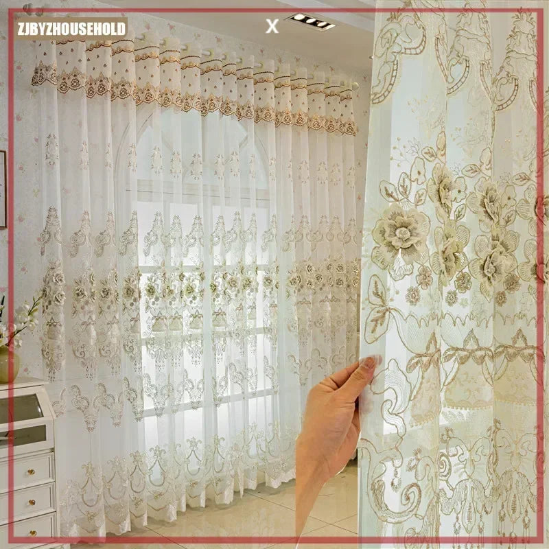 rideau floral transparent polyester broderies classique maison hotelpaque blanc doré 100x250cm