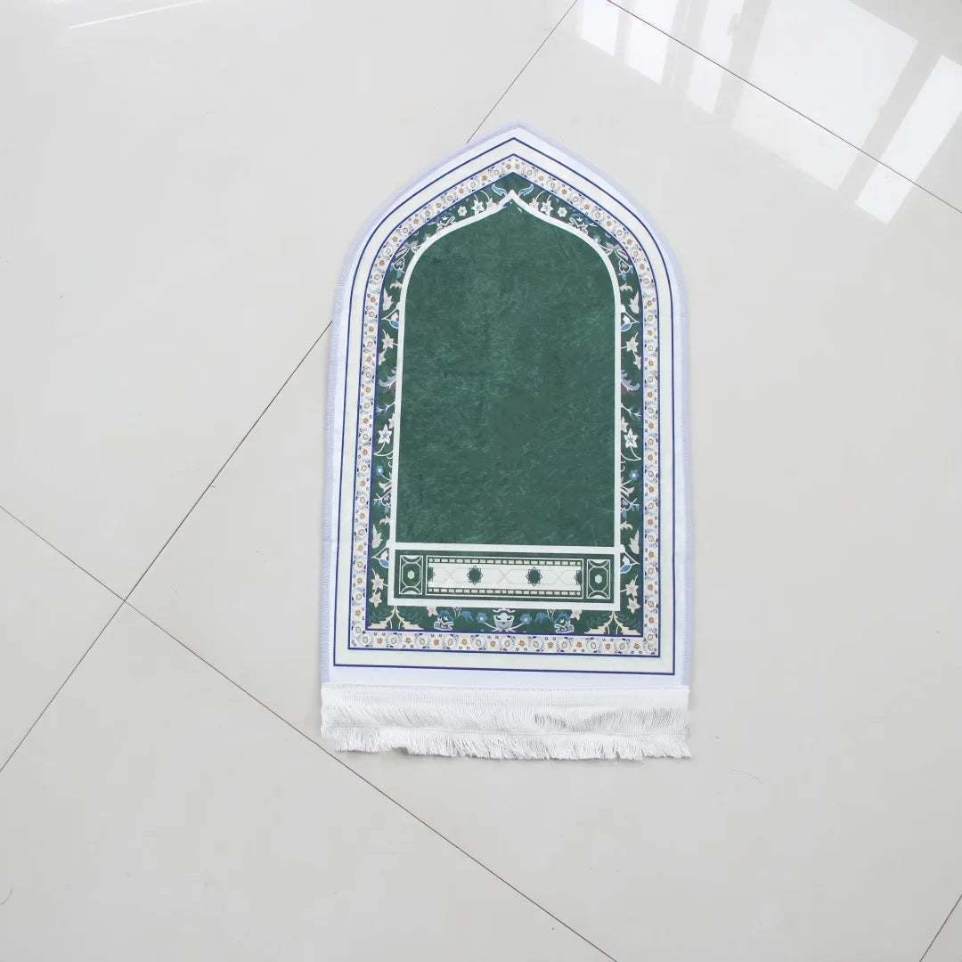 tapis prière musulman polyester antidérapant motifs floraux moderne bleu vert noir blanc usage maison