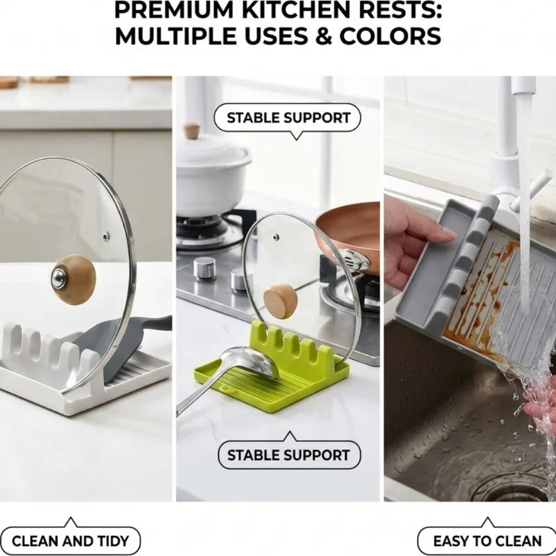 support cuisine multifonctionnel gris vert blanc moderne rainures cuillères fourchettes spatules