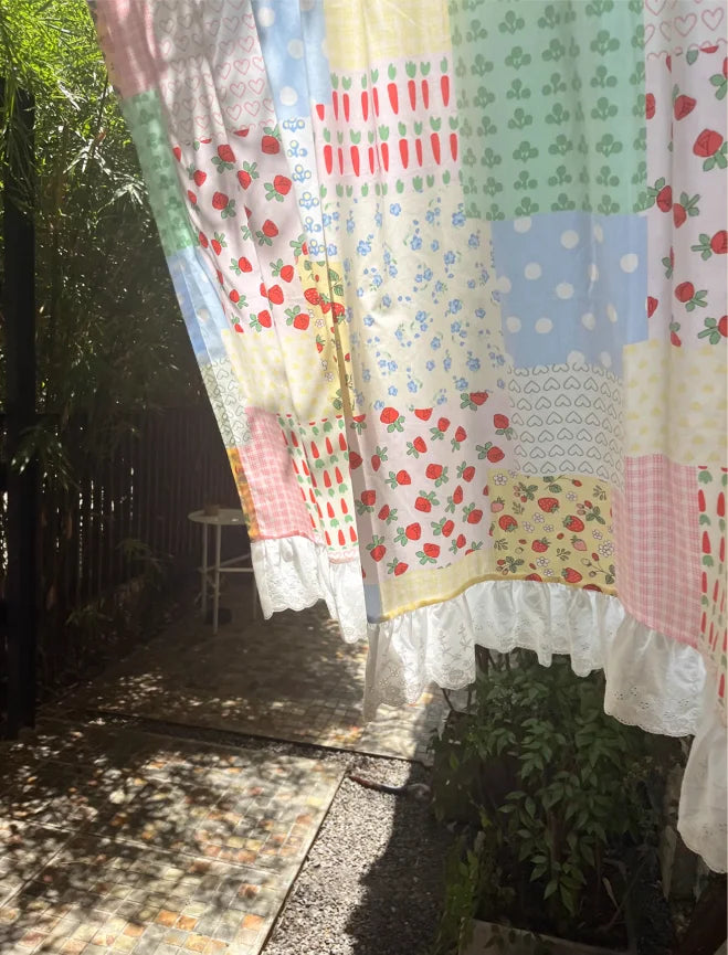 rideau fenêtre patchwork floral rose jaune vert bleu semi transparent rustique vintage tringle rideaux
