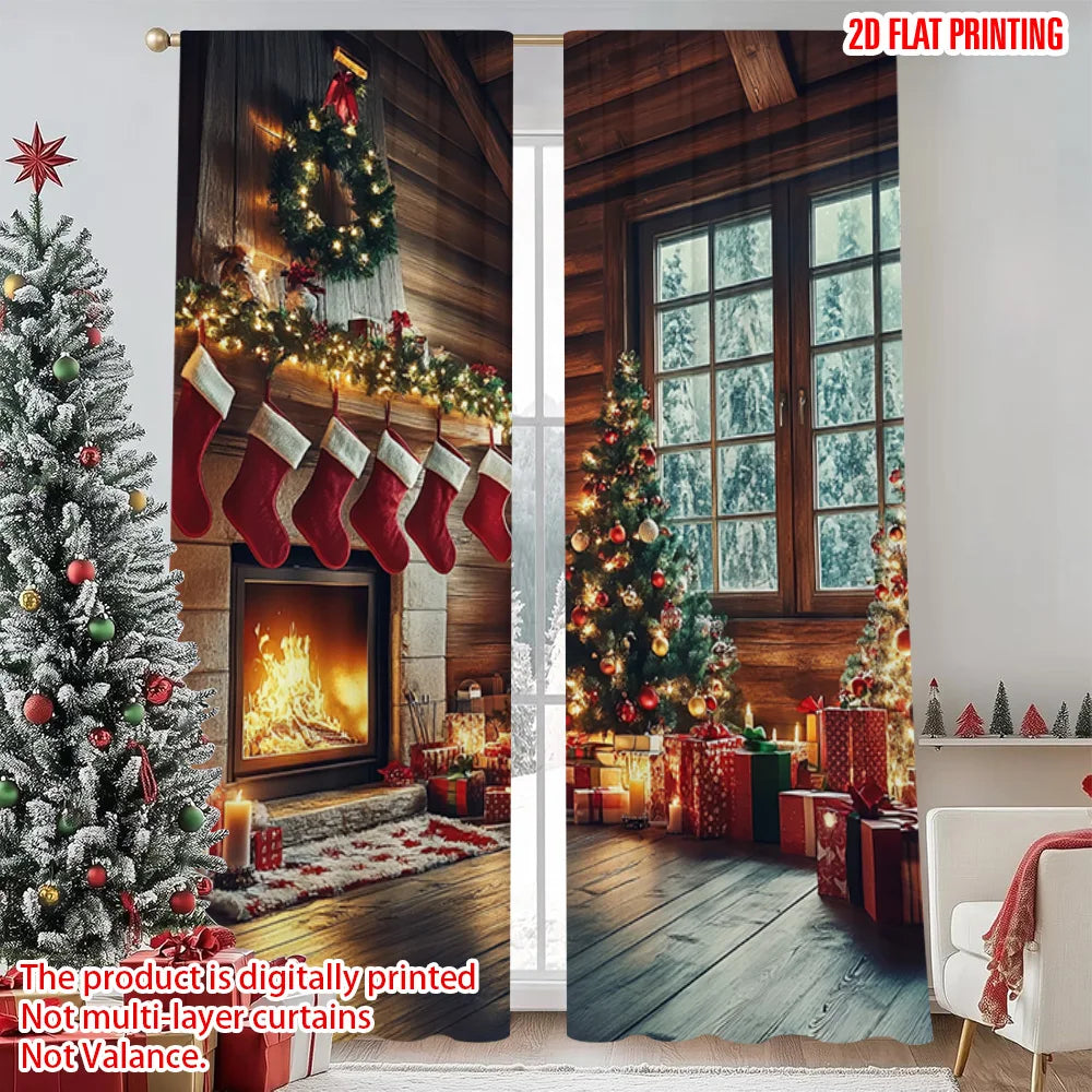 rideau noël imprimé 2d noir rouge vert blanc sapin noel guirlande cadeaux pièces opaques