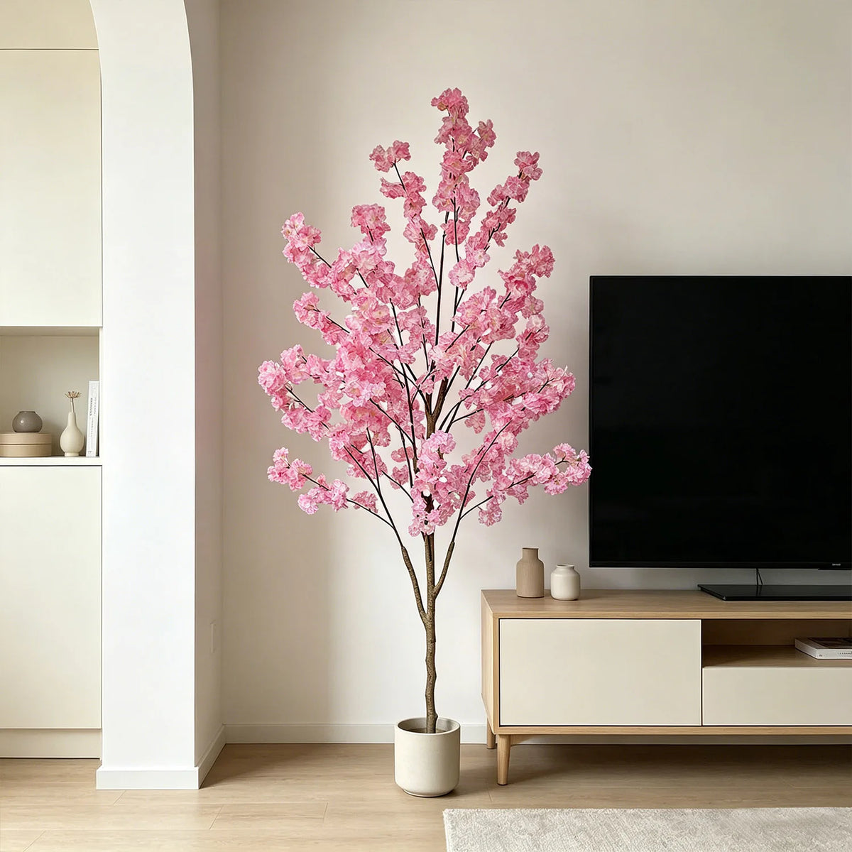 arbre artificiel fleurs cerisier rose clair moderne décoration intérieure mariage salon