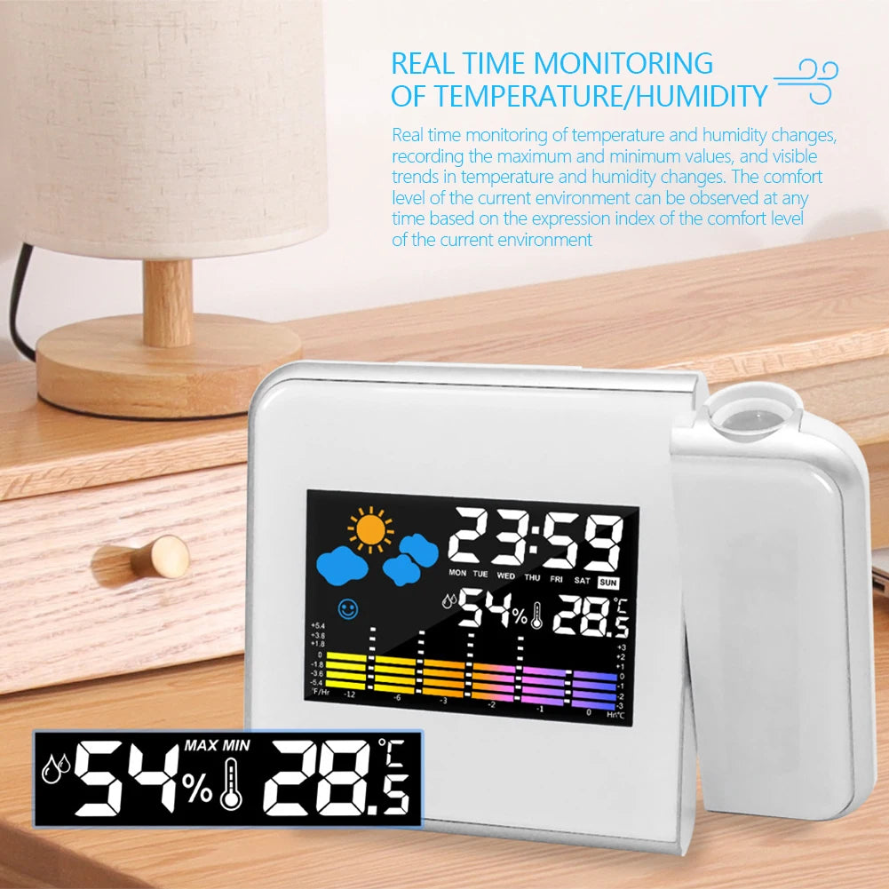 projecteur réveil numérique projection horloge température humidité météo moderne blanc noir lcd