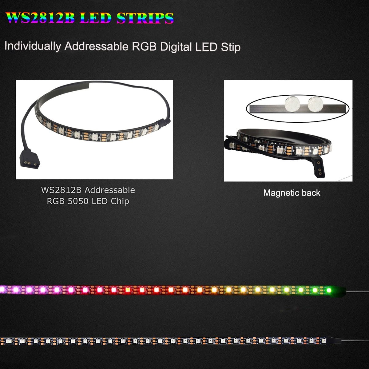 ruban led flexible magnétique noir multicolore 15leds 30leds ip20 ip65 ws2812b adressee