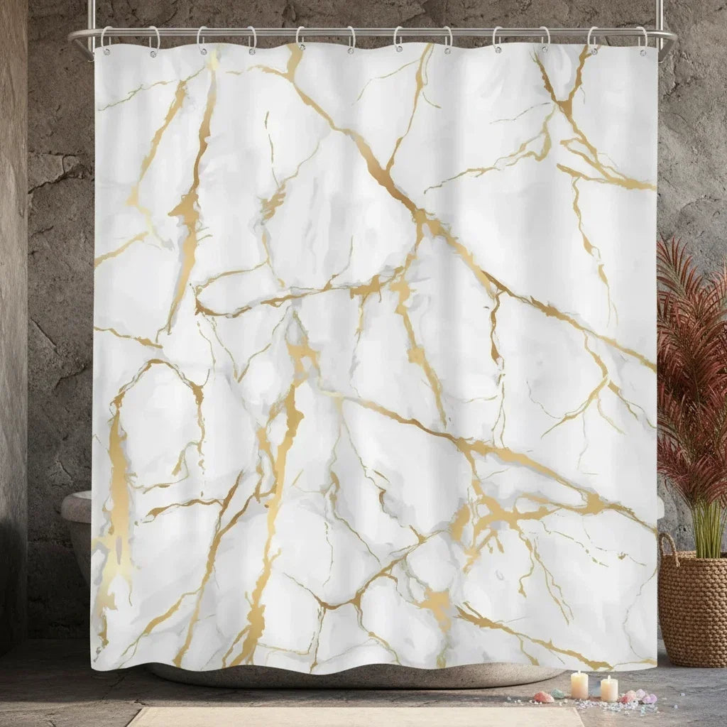 rideau douche marbre blanc doré moderne 12 crochets opacité polyester salle bain decoration