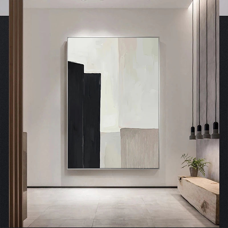 tableau abstrait moderne toile couleur noir beige geometrie minimaliste deco salon vertical