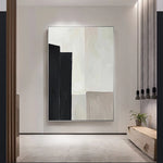 tableau abstrait moderne toile couleur noir beige geometrie minimaliste deco salon vertical