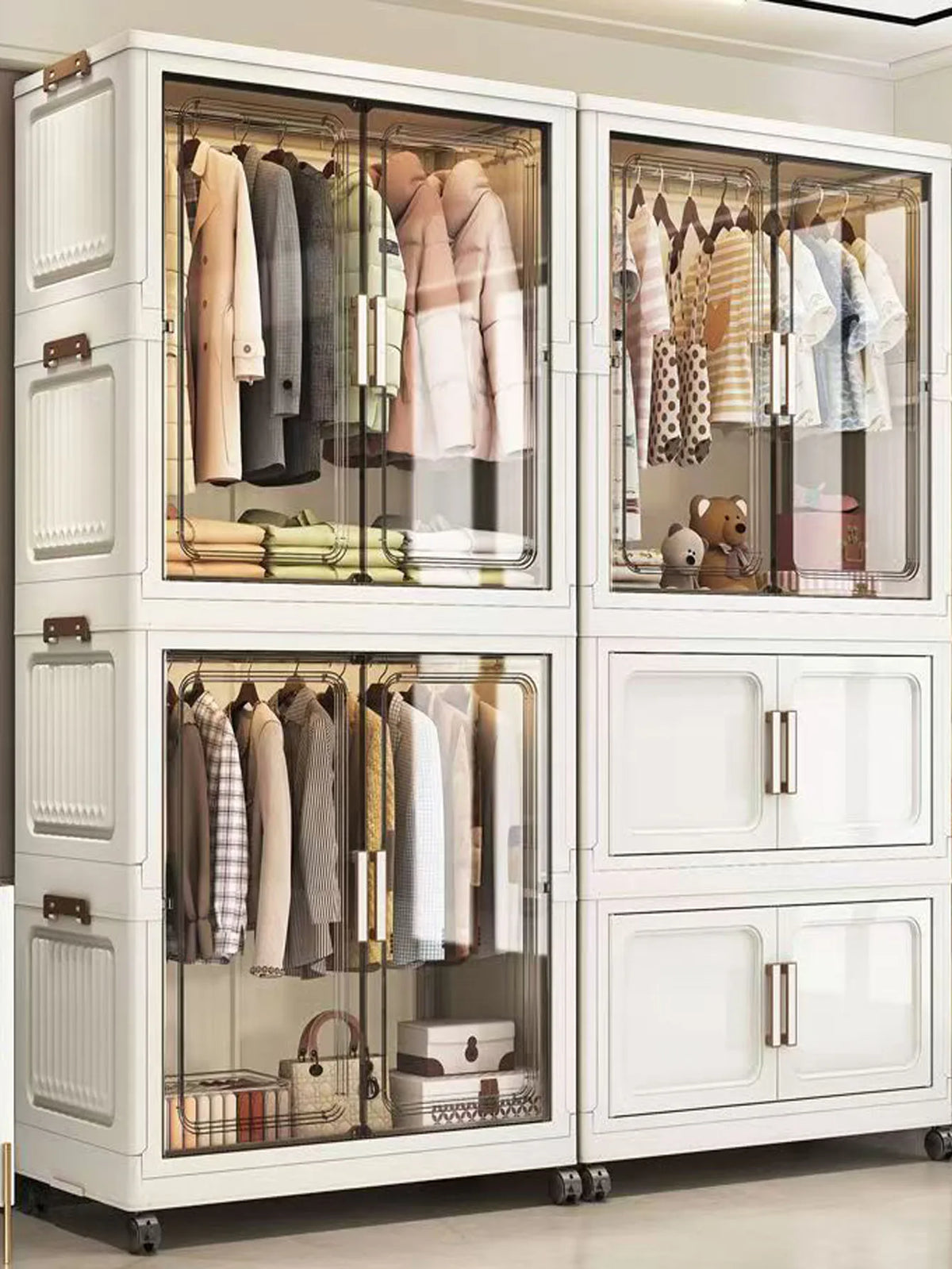 armoire rangement blanc moderne classique verres transparents tiroirs étagères vêtements toilette roulettes