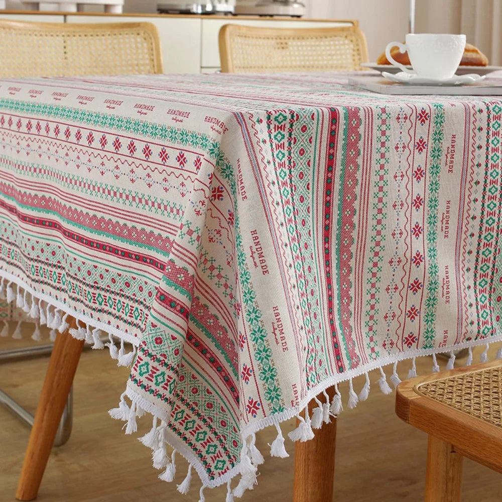nappe table rectangulaire ethnique imperméable réutilisable coton polyester motifs géométriques tassels