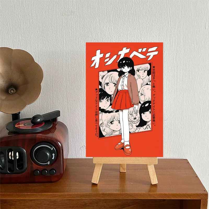 cartes postales pop art personnages japonais textes illustrations nourriture clips bois rouge blanc noir