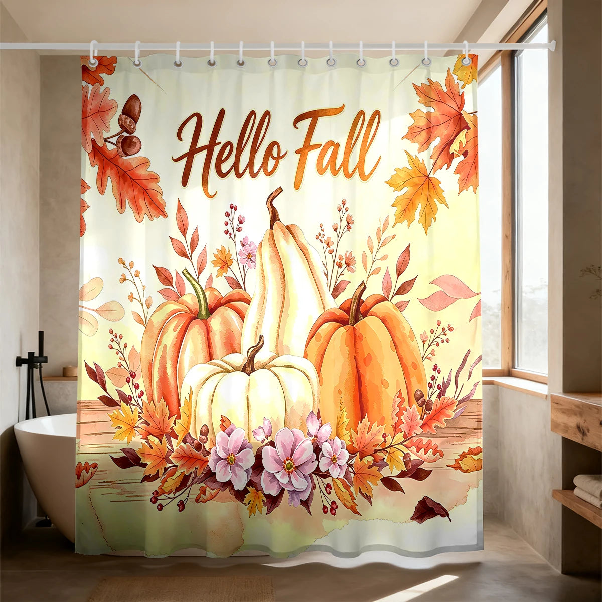 rideau douche automnal motifs citrouilles feuilles d'érable hello fall orange marron polyester tringle rideau