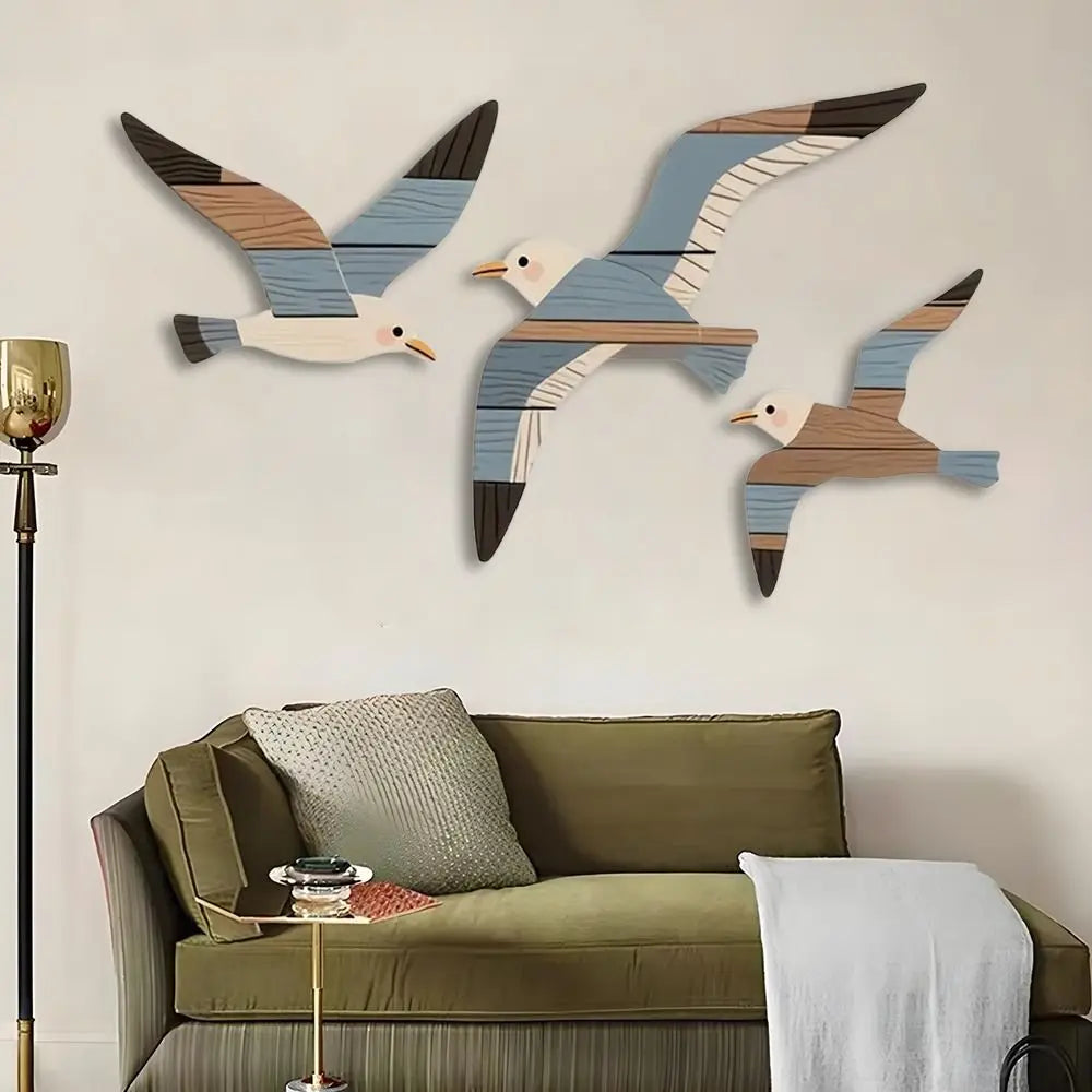décoration murale moderne oiseaux marin bois rayures horizontales beige bleu brun