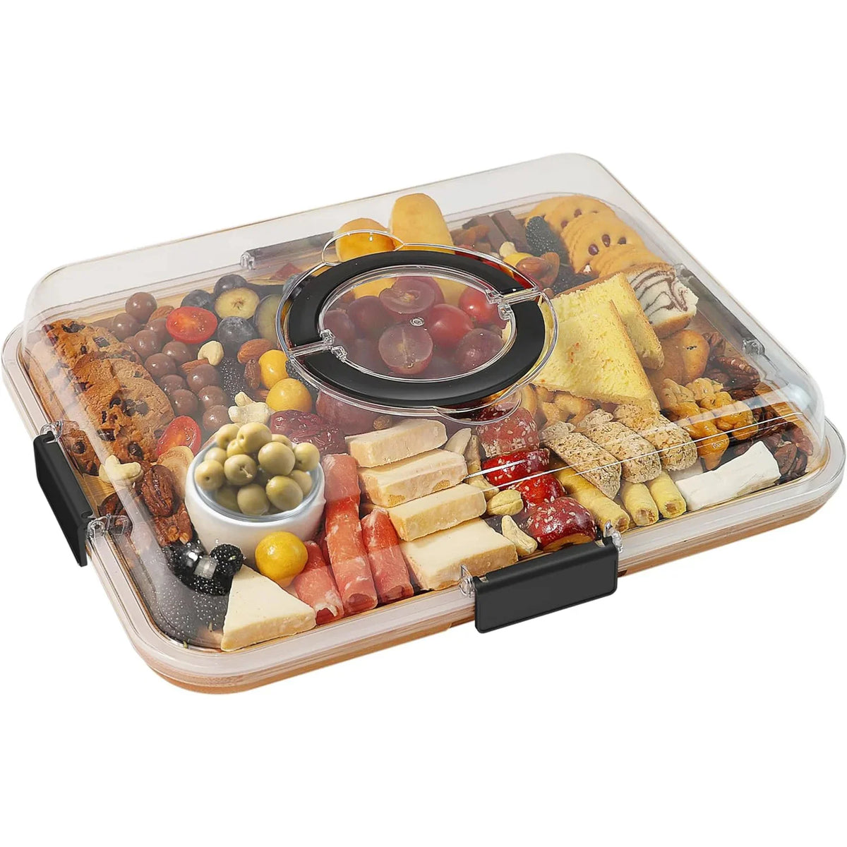 plateau charcuterie bambou transparent couvercle clips poignée noire fruits viandes fromages