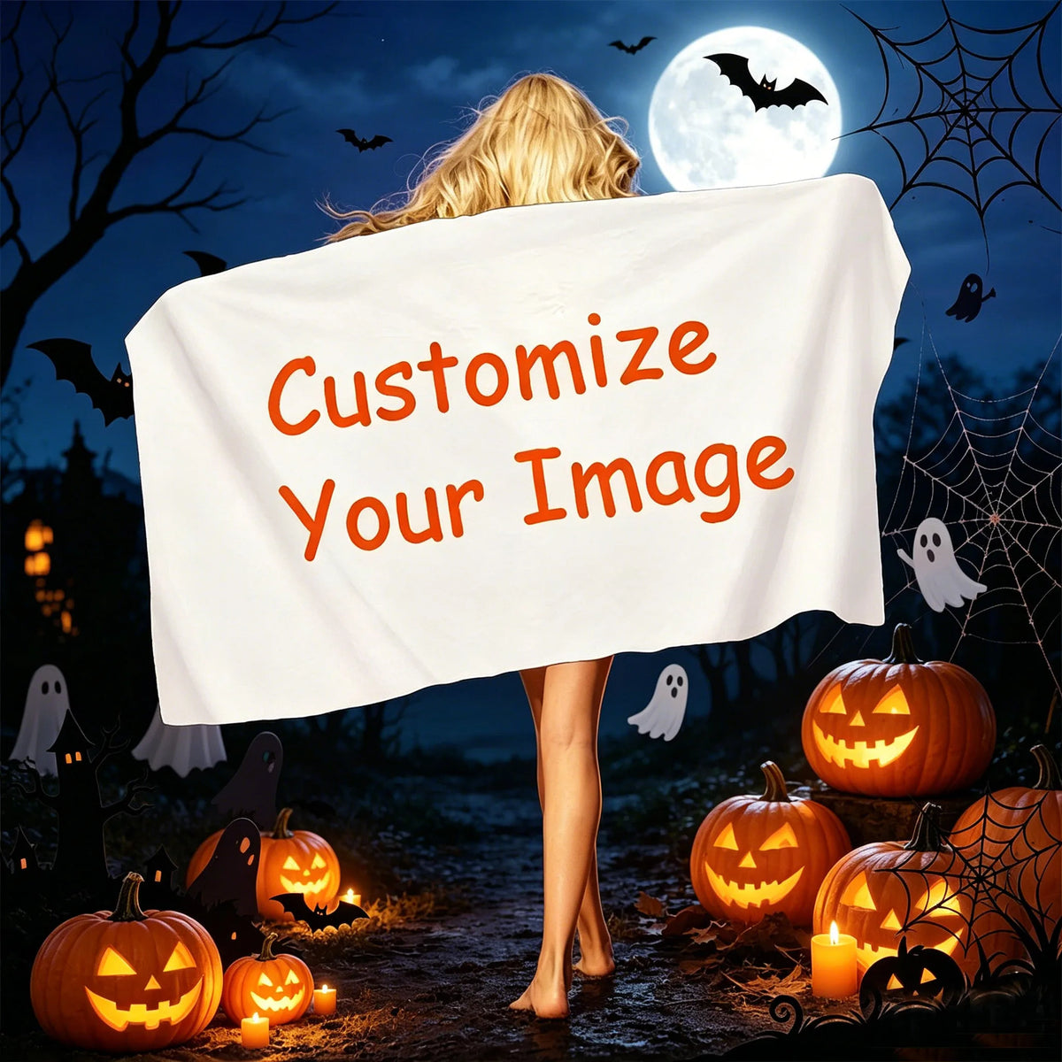 serviette personnalisable halloween chauvesouris fantomes citrouilles blanc moderne rapide machine