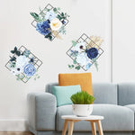 décoration murale moderne fleurs feuillage cadre métallique adhésif intérieur bleu blanc vert doré
