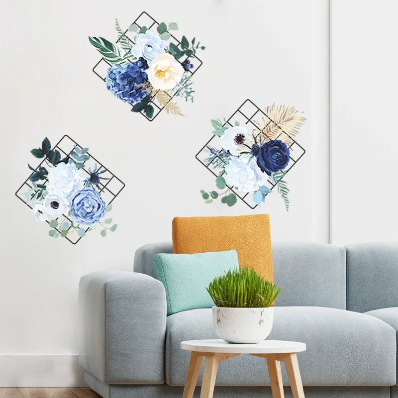 décoration murale moderne fleurs feuillage cadre métallique adhésif intérieur bleu blanc vert doré