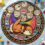 tapis pokémon poké balls peluche pikachu orange beige marron bleu jaune blanc noir retro