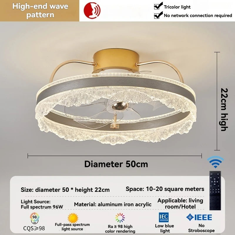 ventilateur moderne doré lampe led tri couleur télécommande blanc translucide strass élégant fixation
