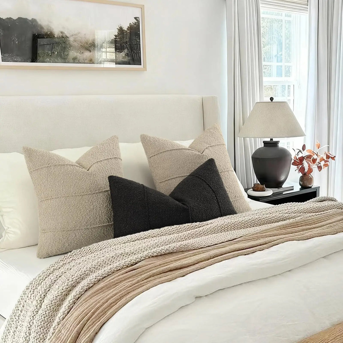 taies d'oreiller polyester texturées beige clair modernes respectueuses environnement opaques maison