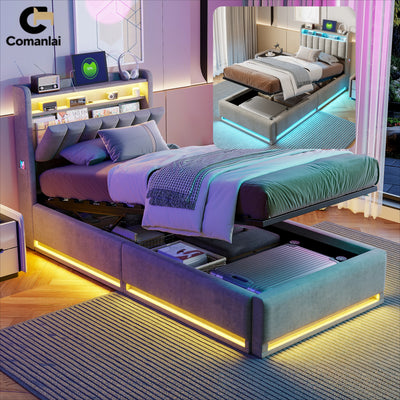 Lit rembourré gris avec rangement hydraulique et lumières LED dans une chambre d'enfant