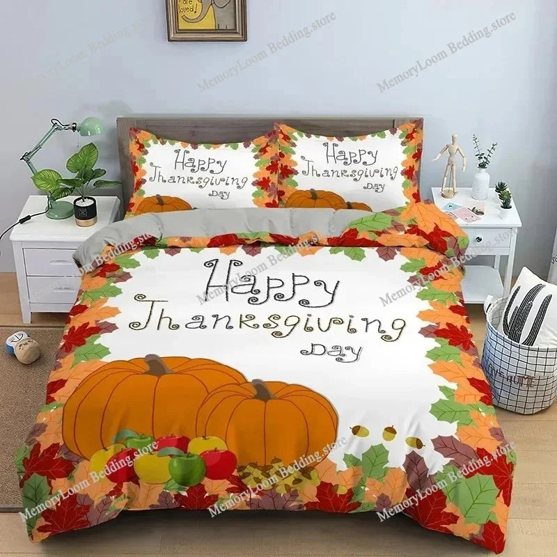 Housse de couette automne motifs citrouille et dinde