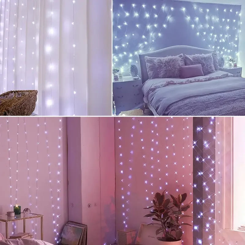 rideau lumineux led blanc jaune doré moderne télécommande câble usb noël festive