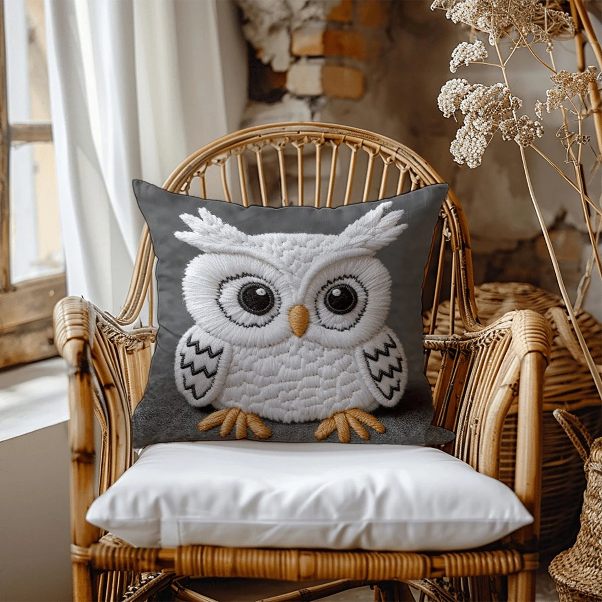 hibou relief coussin gris blanc orange rustique bohème decoratif texture laine coton