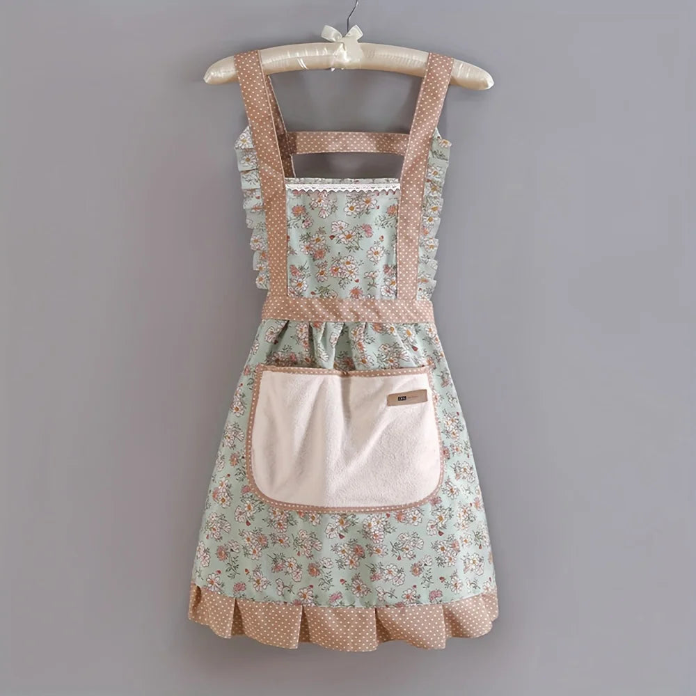 tablier coton fleuri vintage rose pâle vert clair poche avant dentelle