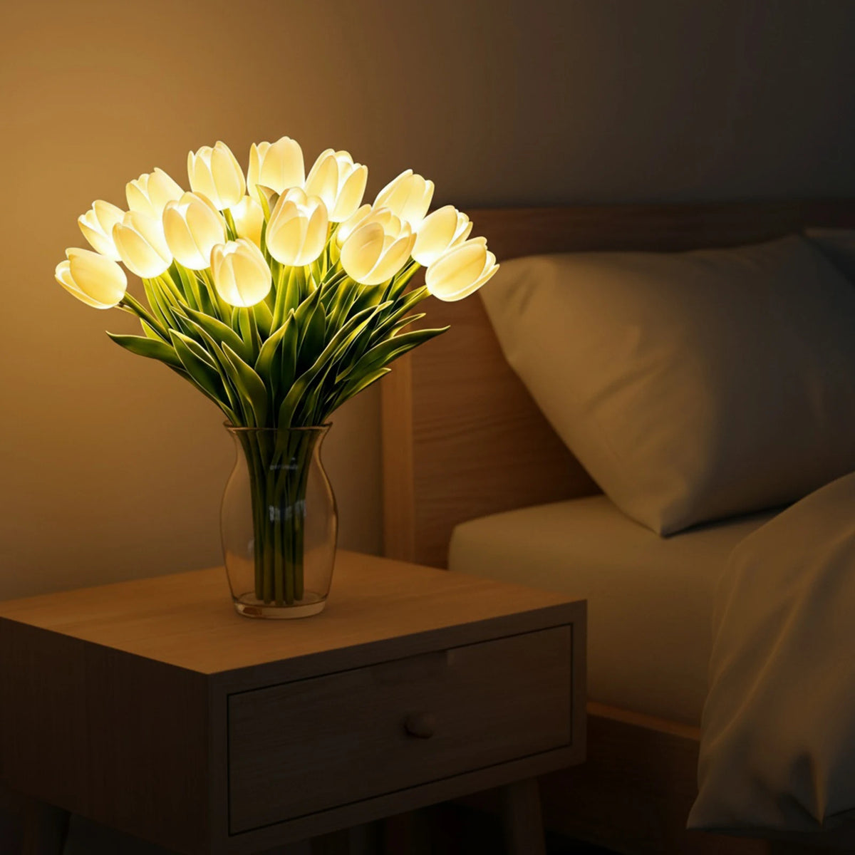 bouquet tulipes lumineuses rose jaune blanc moderne décoration intérieure transparent bocal chambre festive
