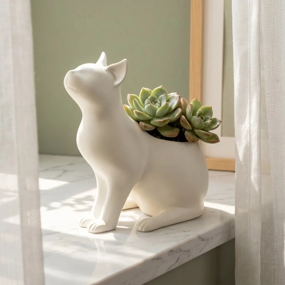 statue chat blanc moderne résine lisse décoration intérieure plante pot fleurs ornement unisexe adulte